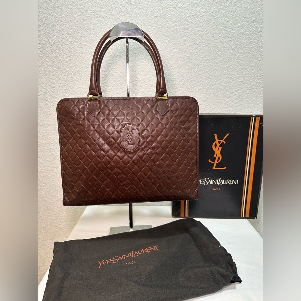 YSL Yves Saint Laurent brown top handle lamb skin leather bag